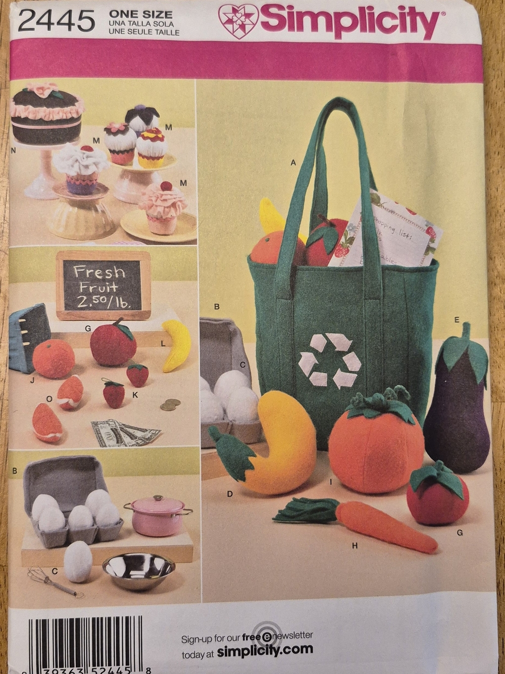 Simplicity 2445 Uncut Sewing Pattern Kids Reusable Tote Play Fruits & Veggies